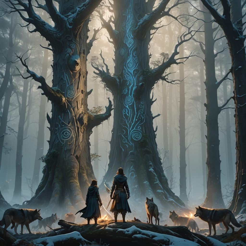 Elf Craftsman Ulir Carving Runes in Misty Forest