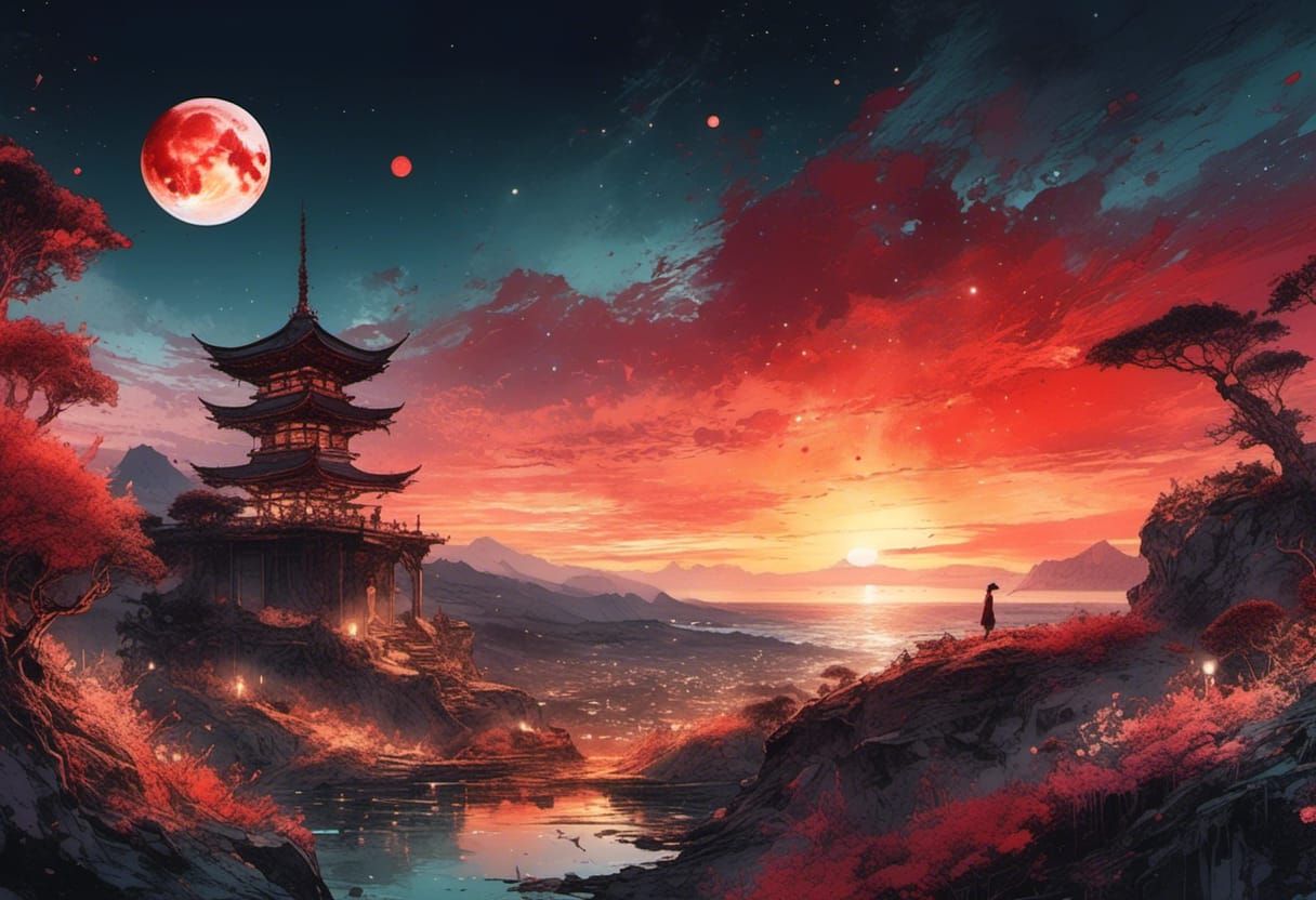 Blood Moon Summerscape Sunset in Watercolor Style