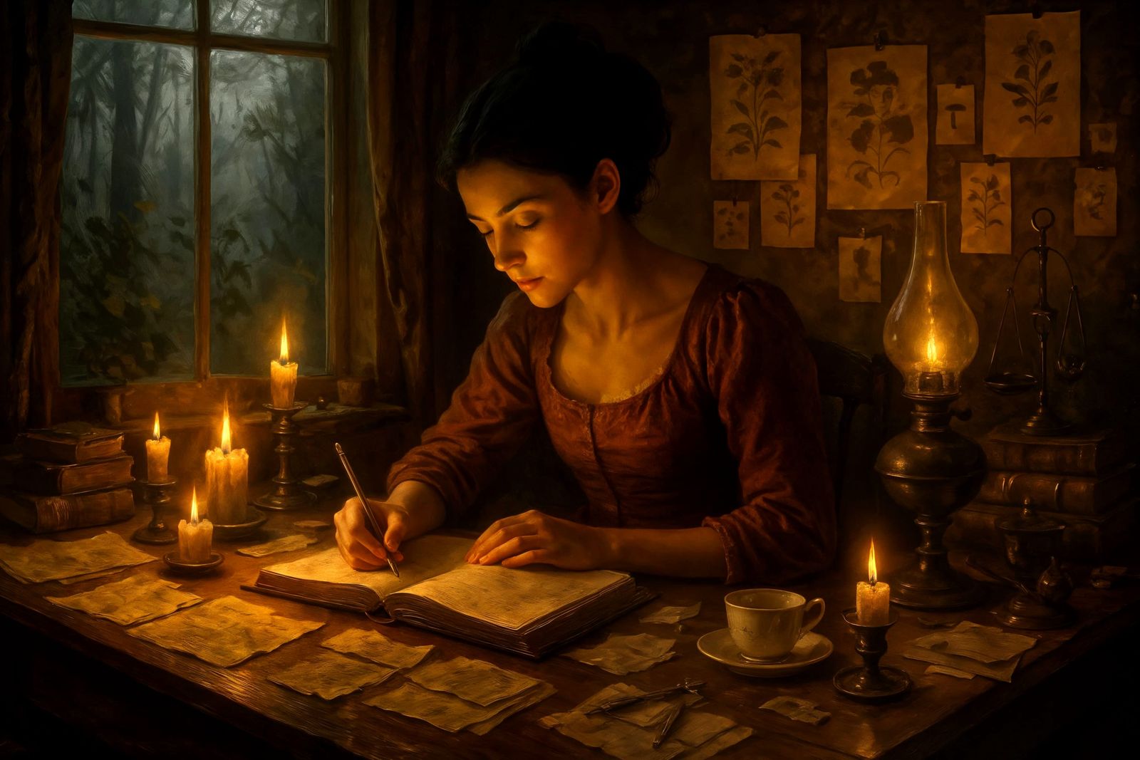 Woman at Antique Desk in Dark Academia Style