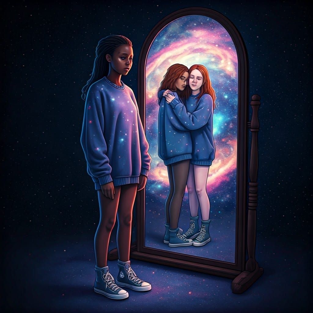Melancholic Girl and Mystical Mirror Reflection