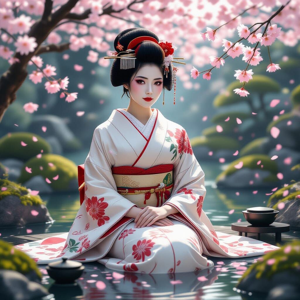 Elegant Geisha in Japanese Garden, Hyperrealistic Style