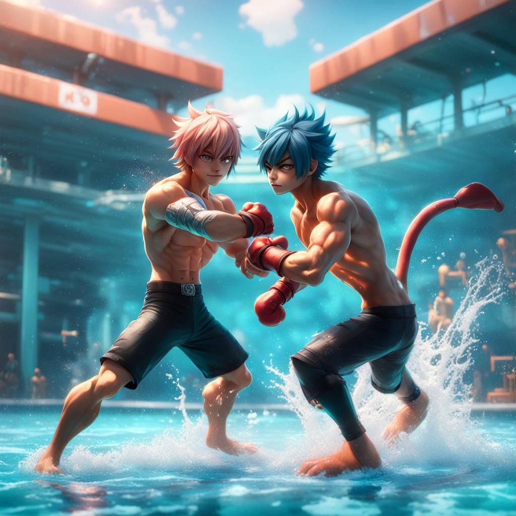 Muscular Catboys Fighting in Pool, Anime 3D Art