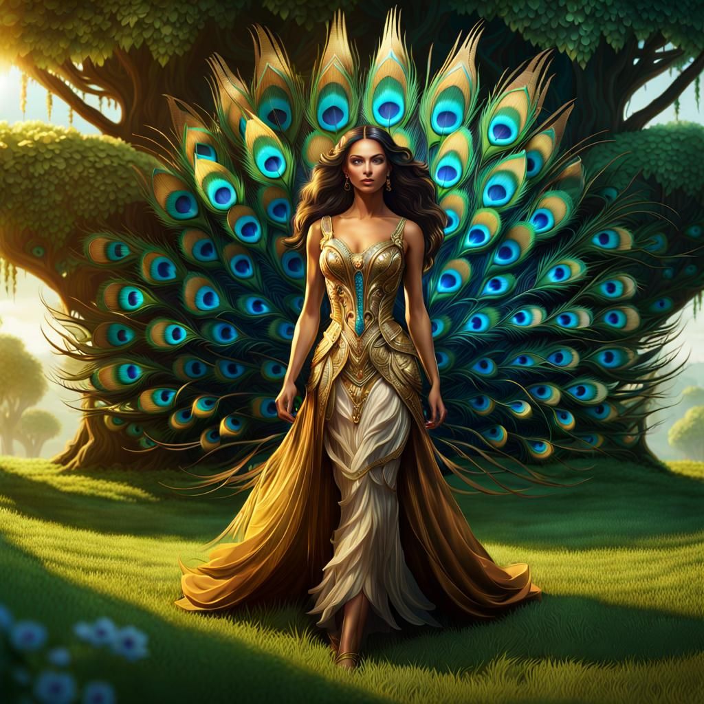 Peacock Dress: Fantasy Art of Woman on Lawn