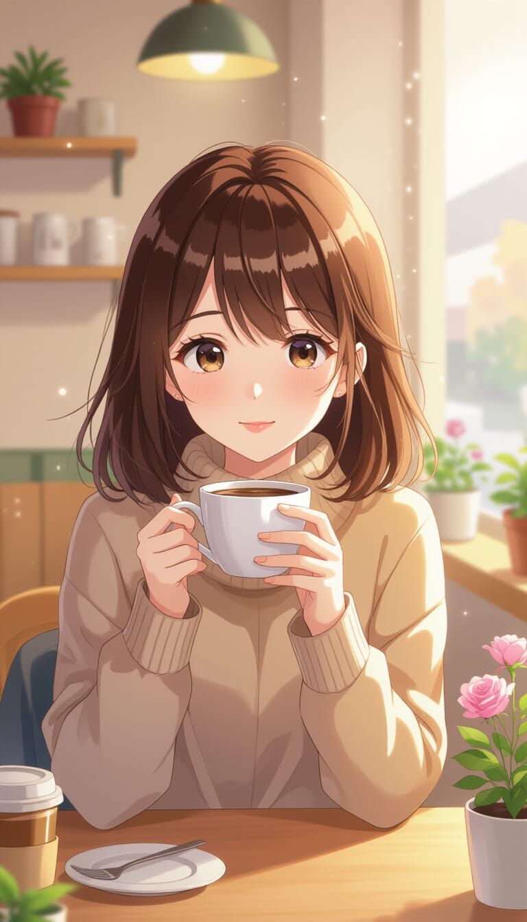 Anime Girl in Cafe with Coffee, Watercolor Style