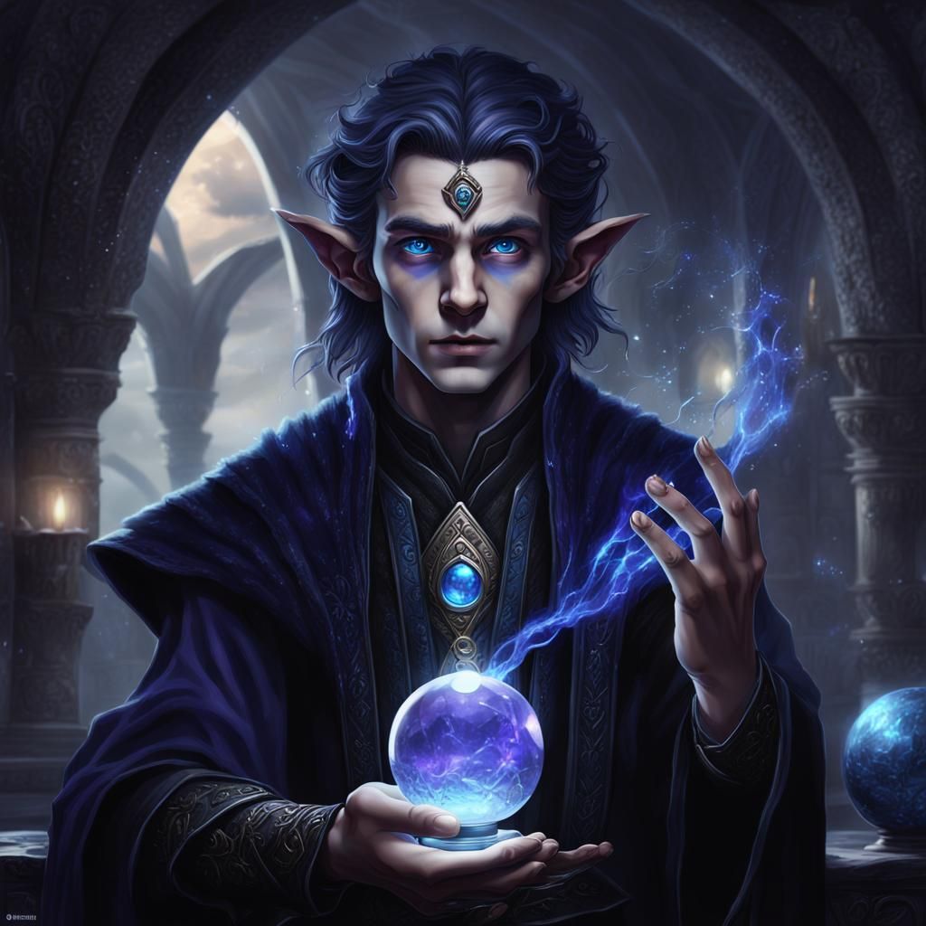 Young Elf Wizard with Crystal Ball, Fantasy Art