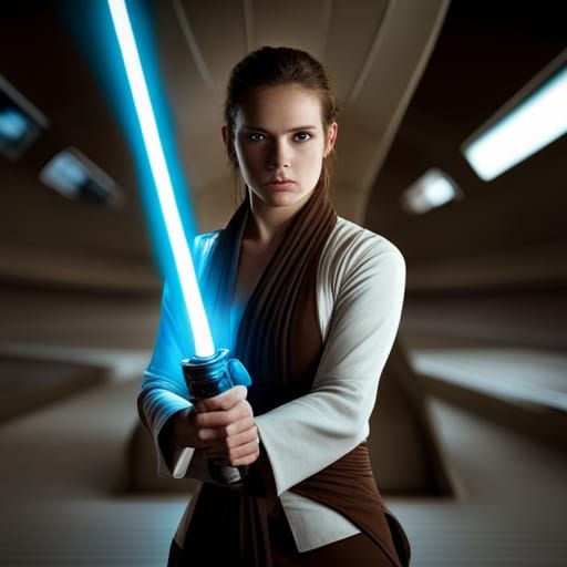 Young Woman Jedi with Lightsaber in Star Wars Style
