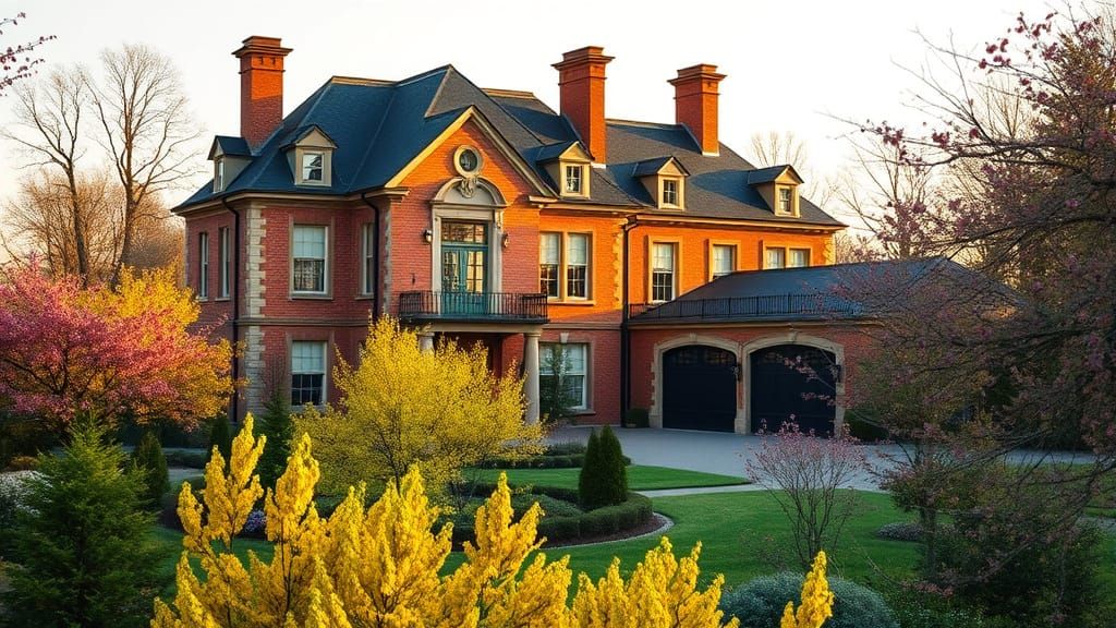 Elegant Chateau and Spring Garden in Golden Hour Light