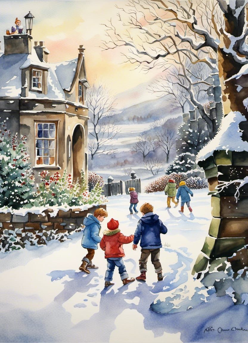 Youthful Joy: A Winter's Day in Watercolor