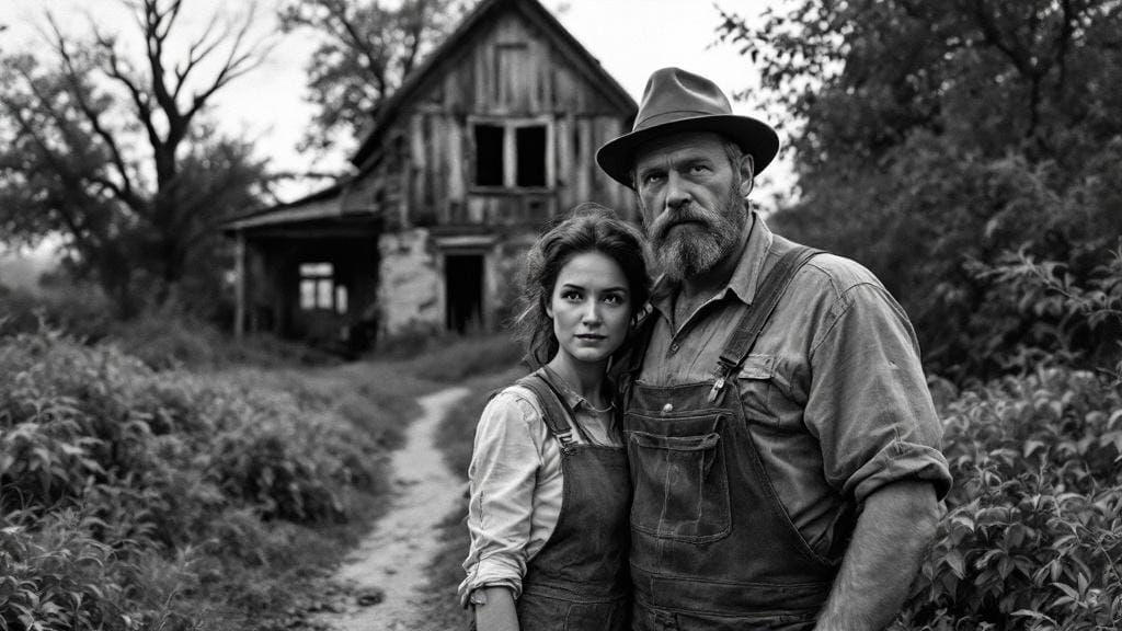 Resolute Couple in Gritty Black and White Farmstead