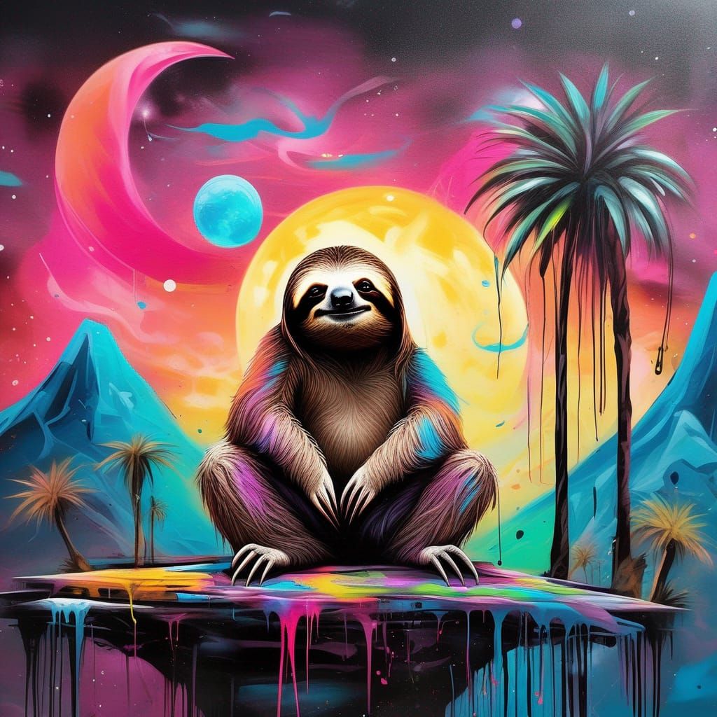 Meditating Sloth in Desert Landscape Graffiti Art
