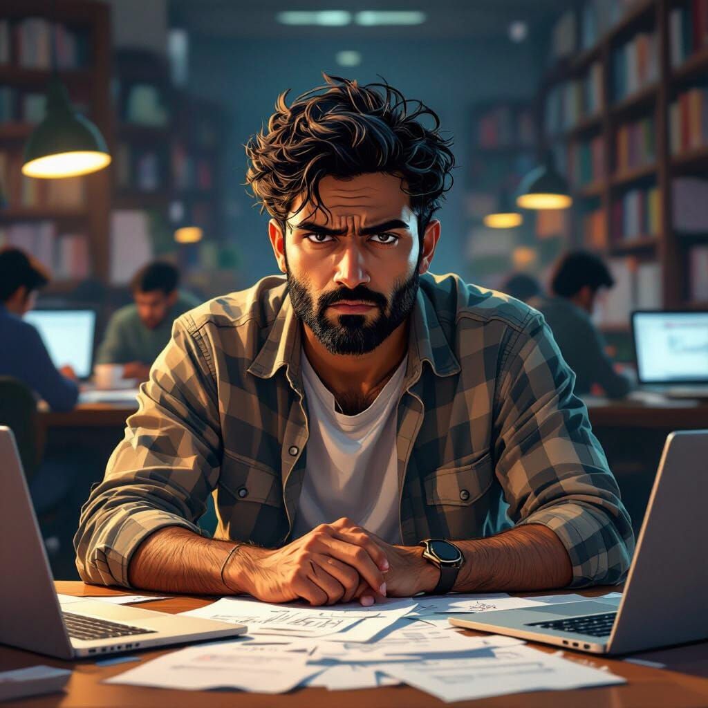 Bhojraj in Library: Stylized Realism and Vibrant Colors