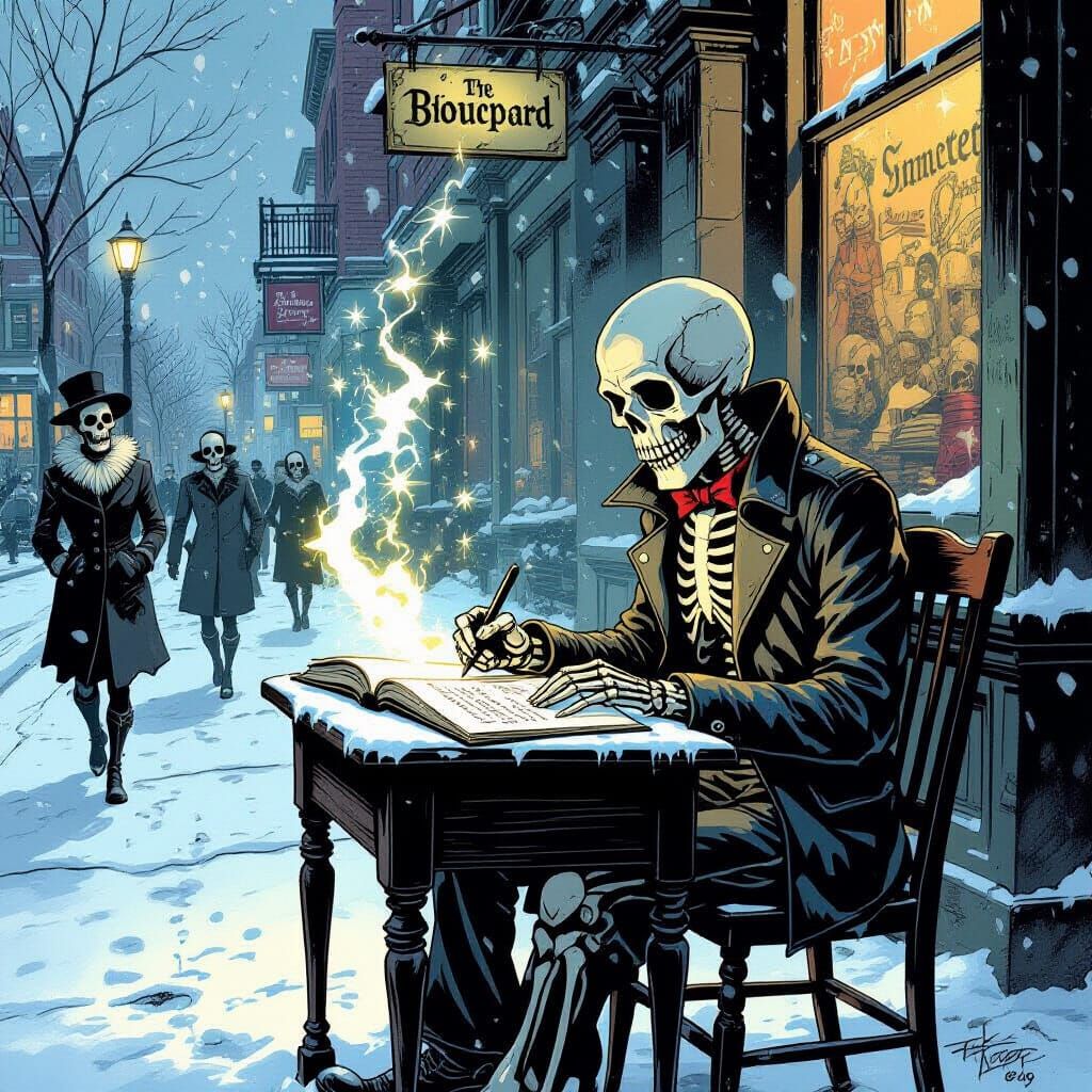 Skeleton Writer Captivates Passersby in Snowy Tim Burtonesqu...