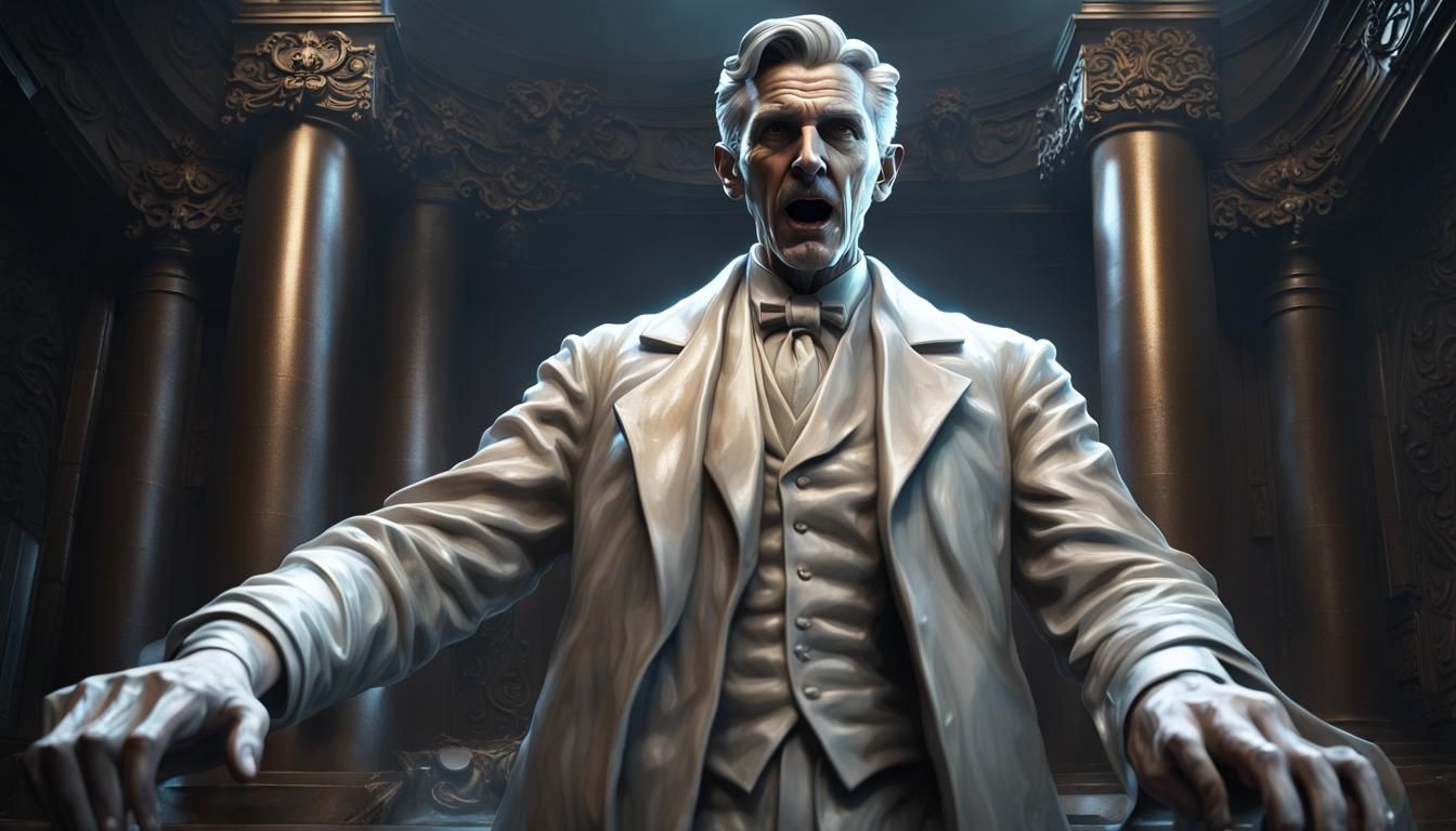 Marble Statue of Nikola Tesla in Dark Fantasy Style
