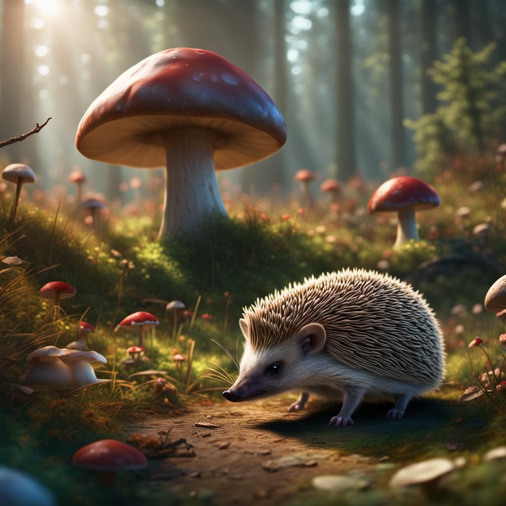 Hedgehog Finds Mushroom in Sunny Glade