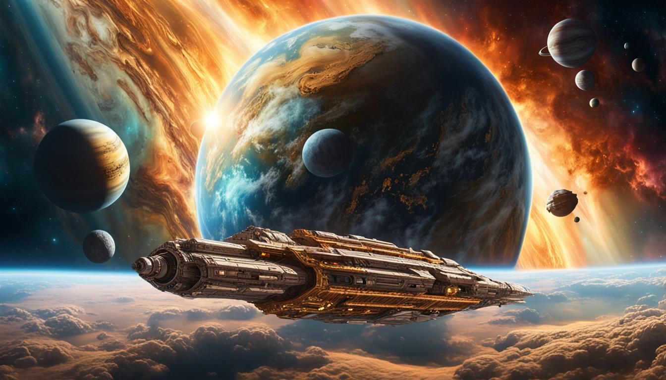 Endurance Spaceship and Planet in Baroque Celestial Art