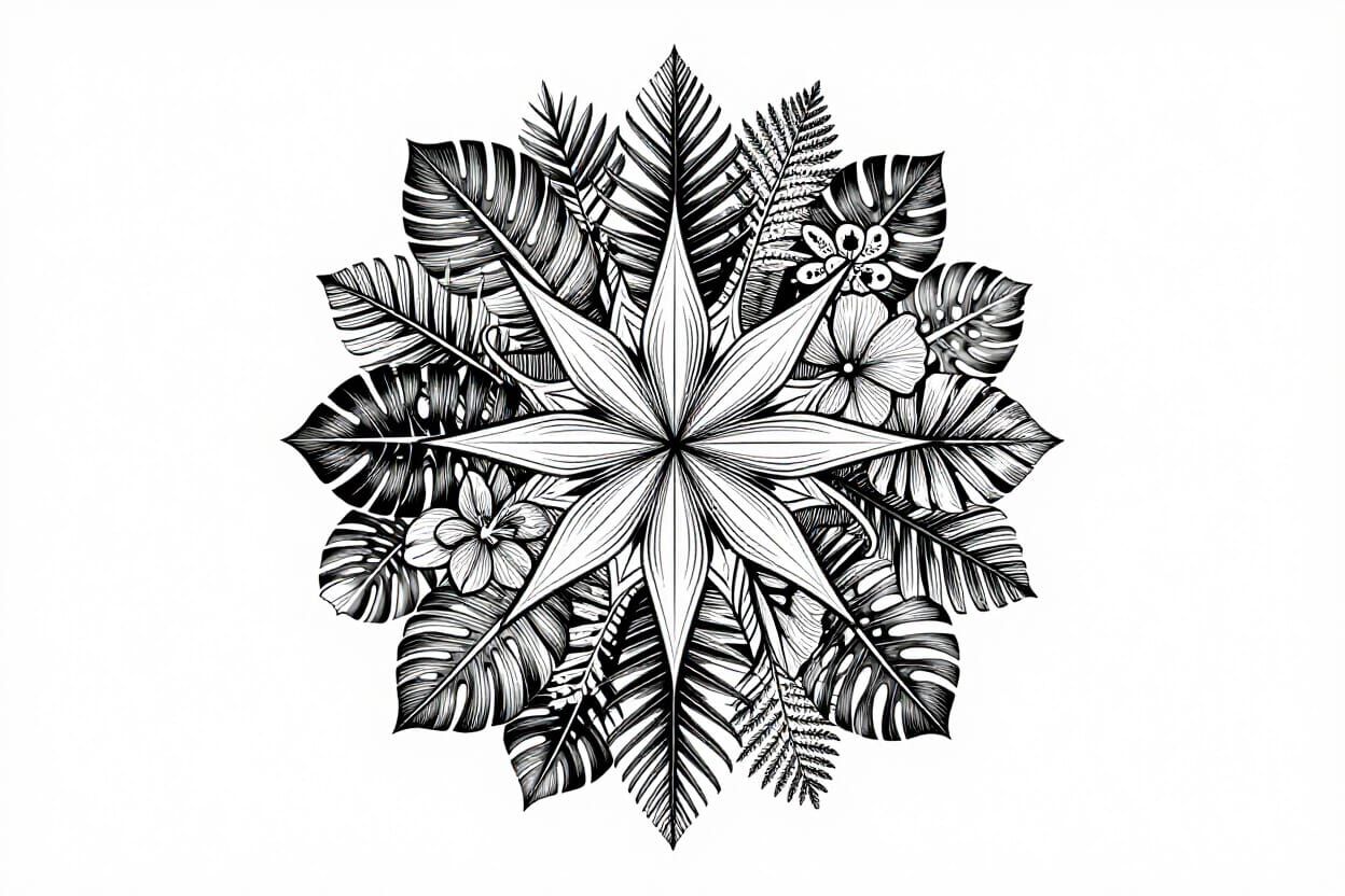 Botanical Mandala with Geometric Shapes in Vector Art Style