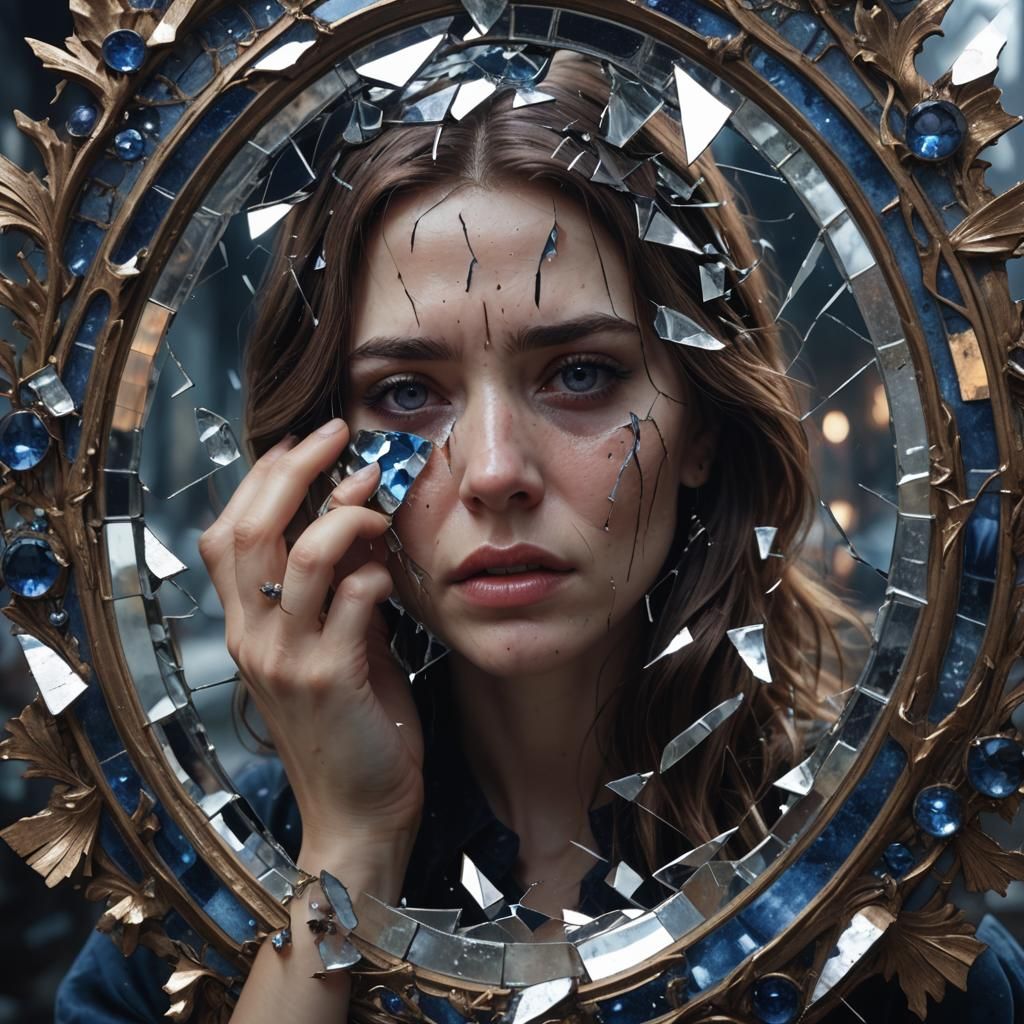 Shattered Reflection: Woman in Broken Sapphire Mirror