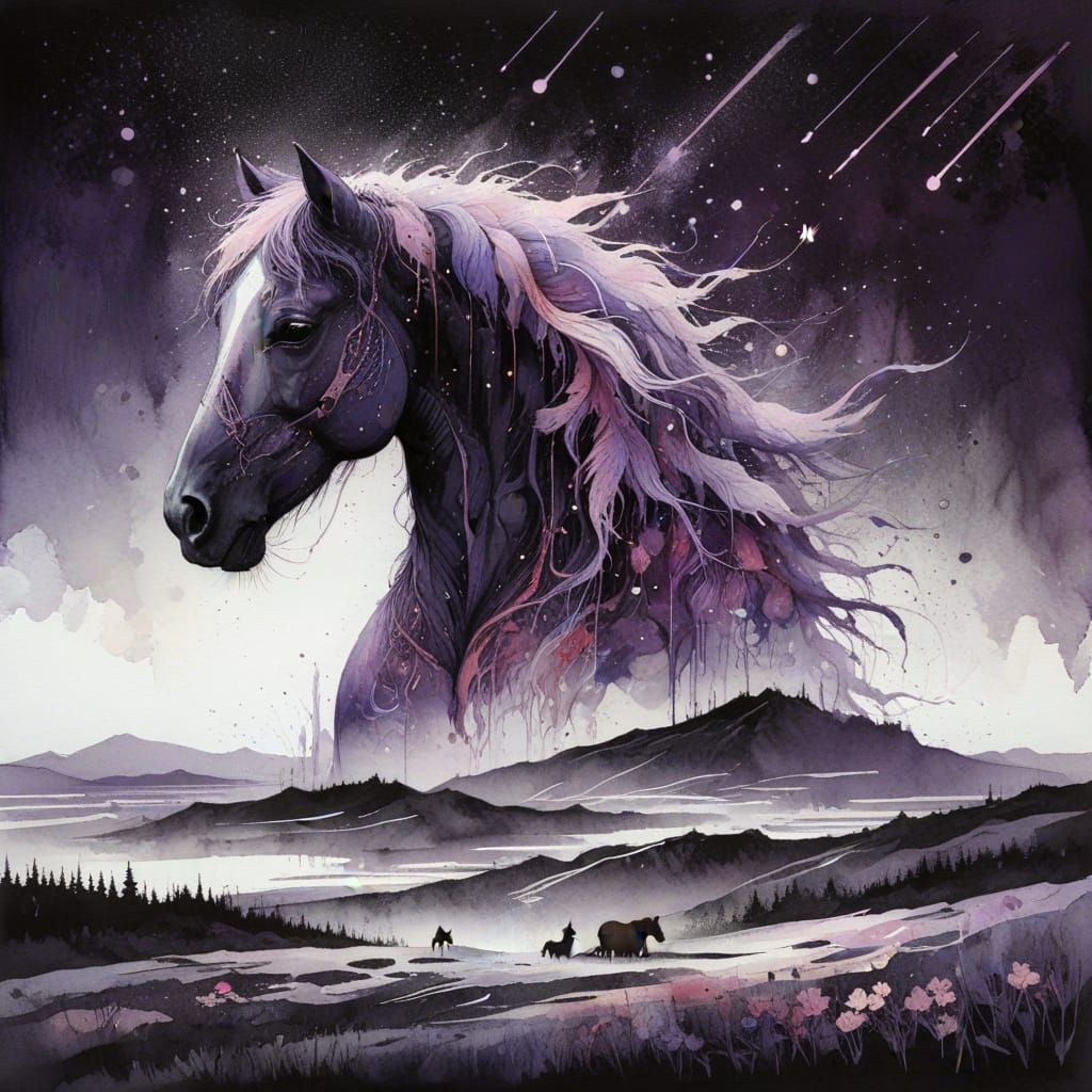 (horse:1.5), Andy Kehoe and Carne Griffiths, pink and purple dominant, fine-tuned watercolor whimsical