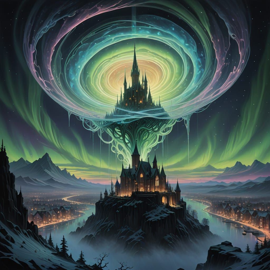 A Glass Vortex with Cerebral Cortex and Luminous Cityscape i...