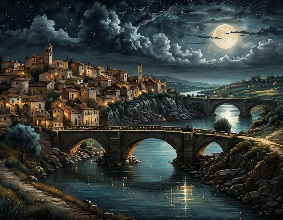 Acrylic Masterpiece: Moonlit Mediterranean Townscape