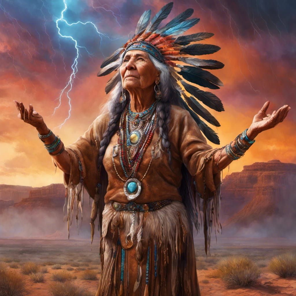 Mystical Woman Conjures Rain in Desert Landscape