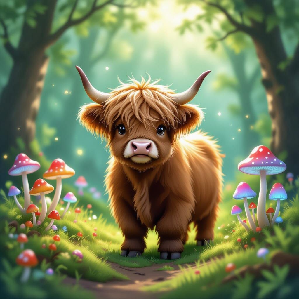Adorable Highland Cow in Enchanted Forest with Glowing Mushr...