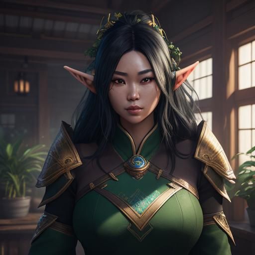 Curvy Elf Portrait in Cosy Office, Fantasy Art