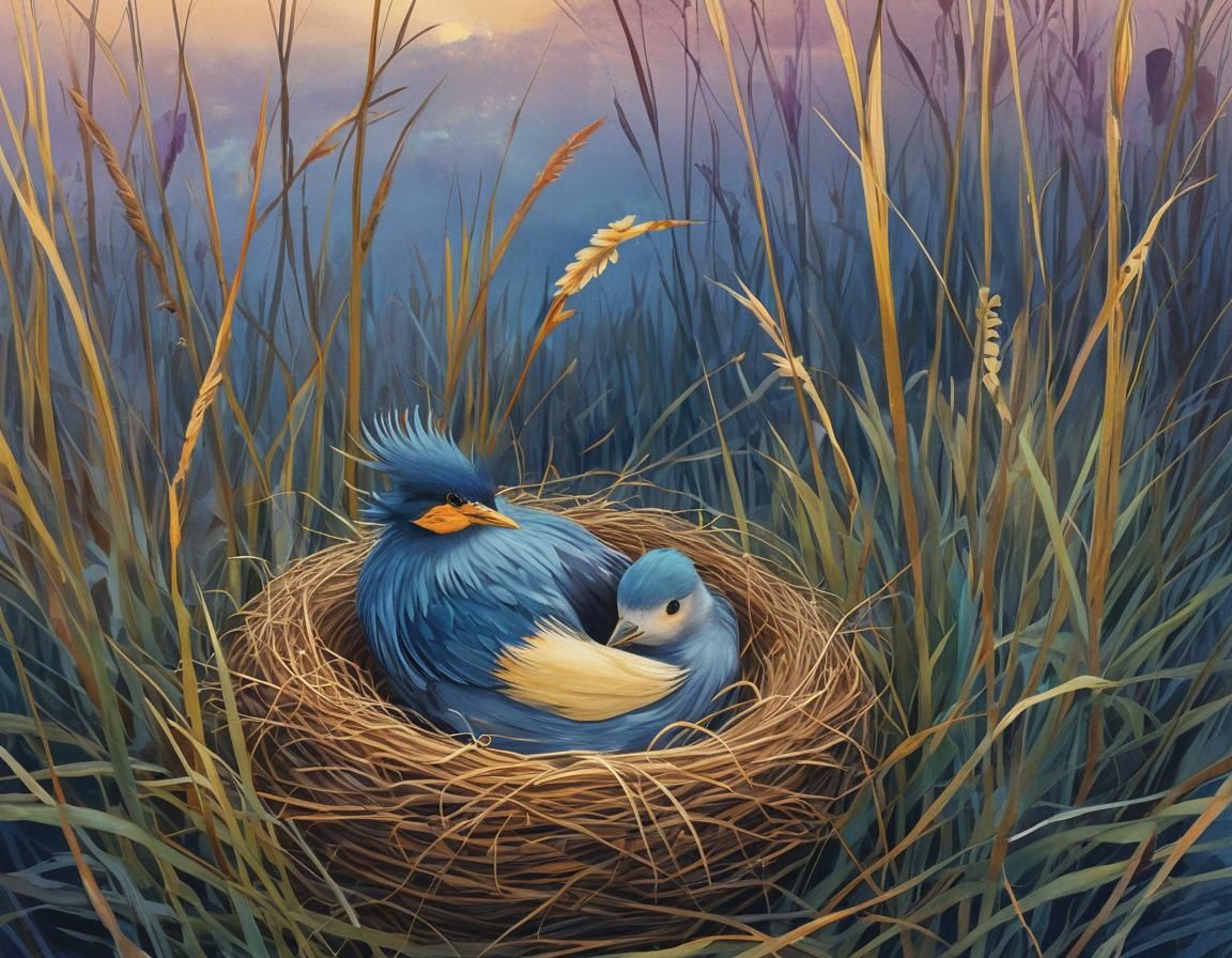 Bird in Reeds: Dreamy Watercolor Illustration
