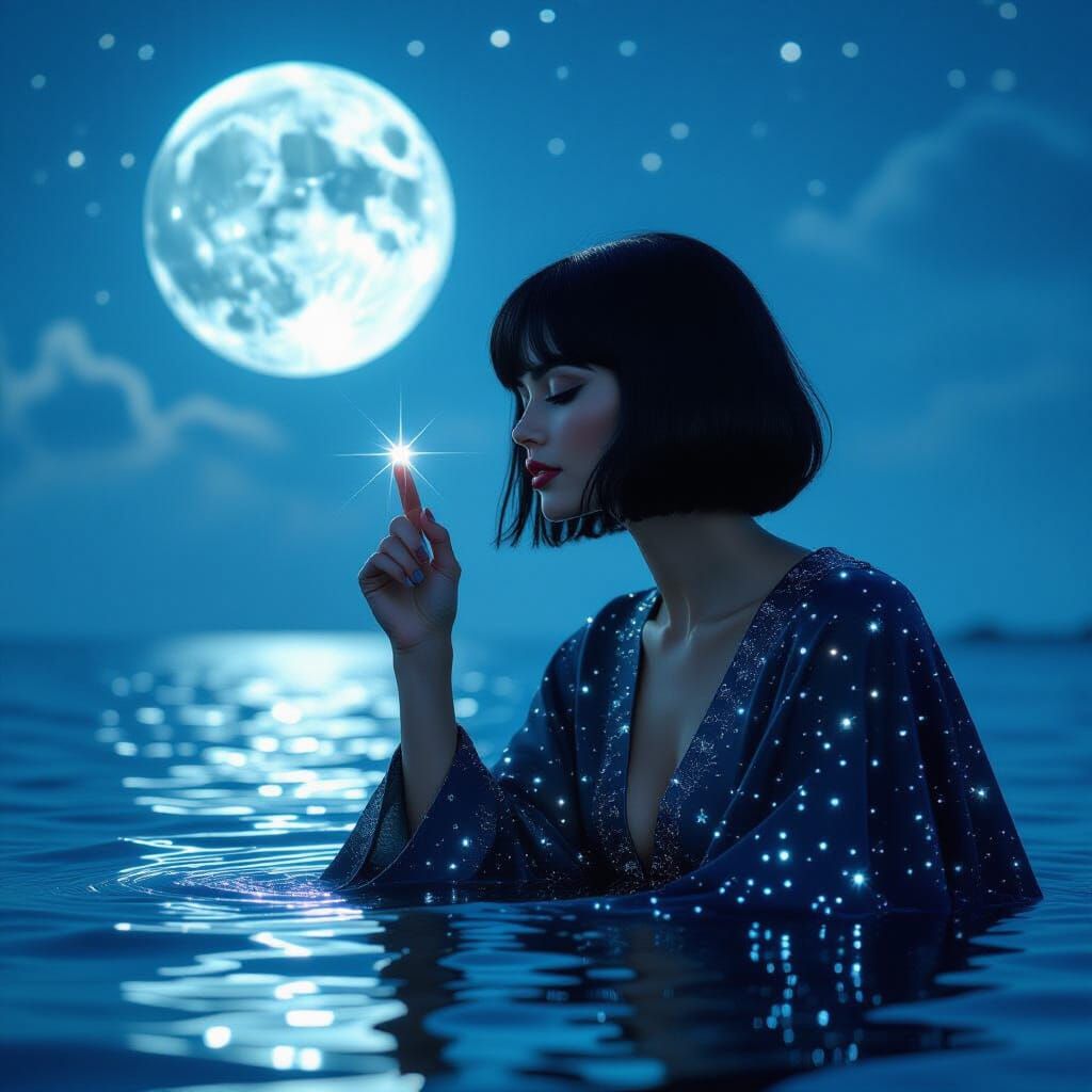 Night Woman Touches Water Mirror Under Full Moon