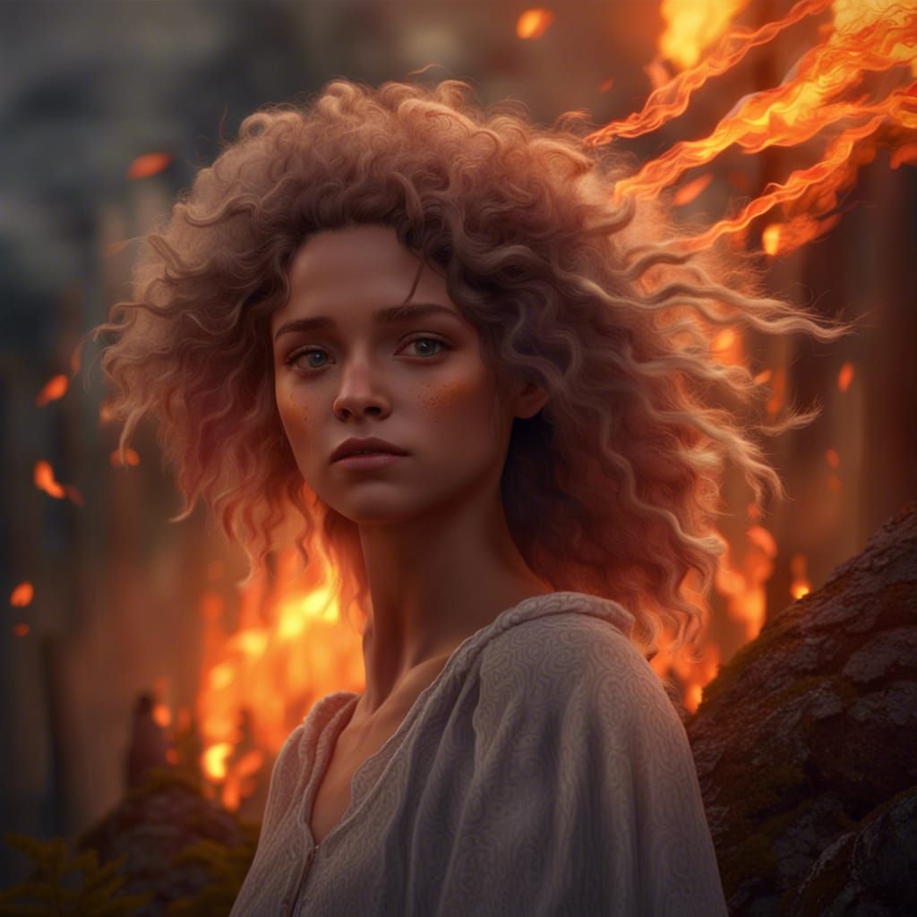 Scared Woman in Burning Forest: Fantasy Concept Art