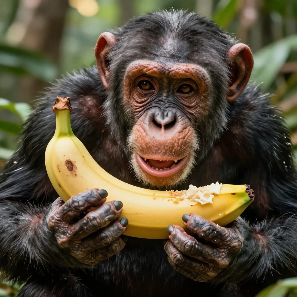 Chimpanzee Aggressively Eats Giant Banana, Cinematic Close-U...