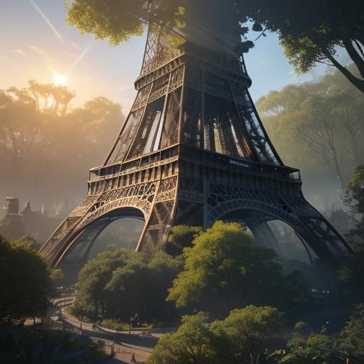 Eiffel Tower Surrounded by Lush Magical Gardens
