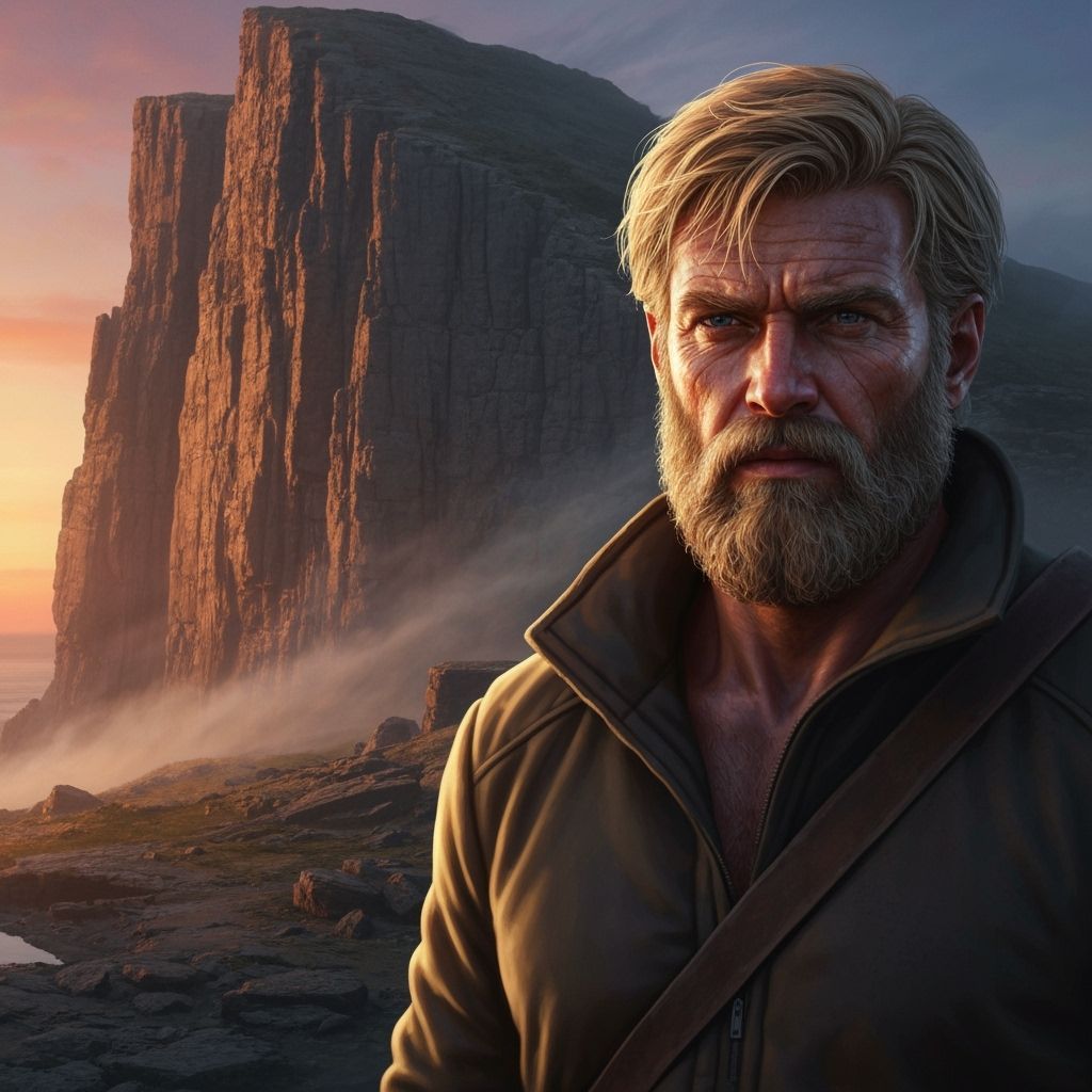 Rugged Bearded Man at Dawn on Windswept Cliffs