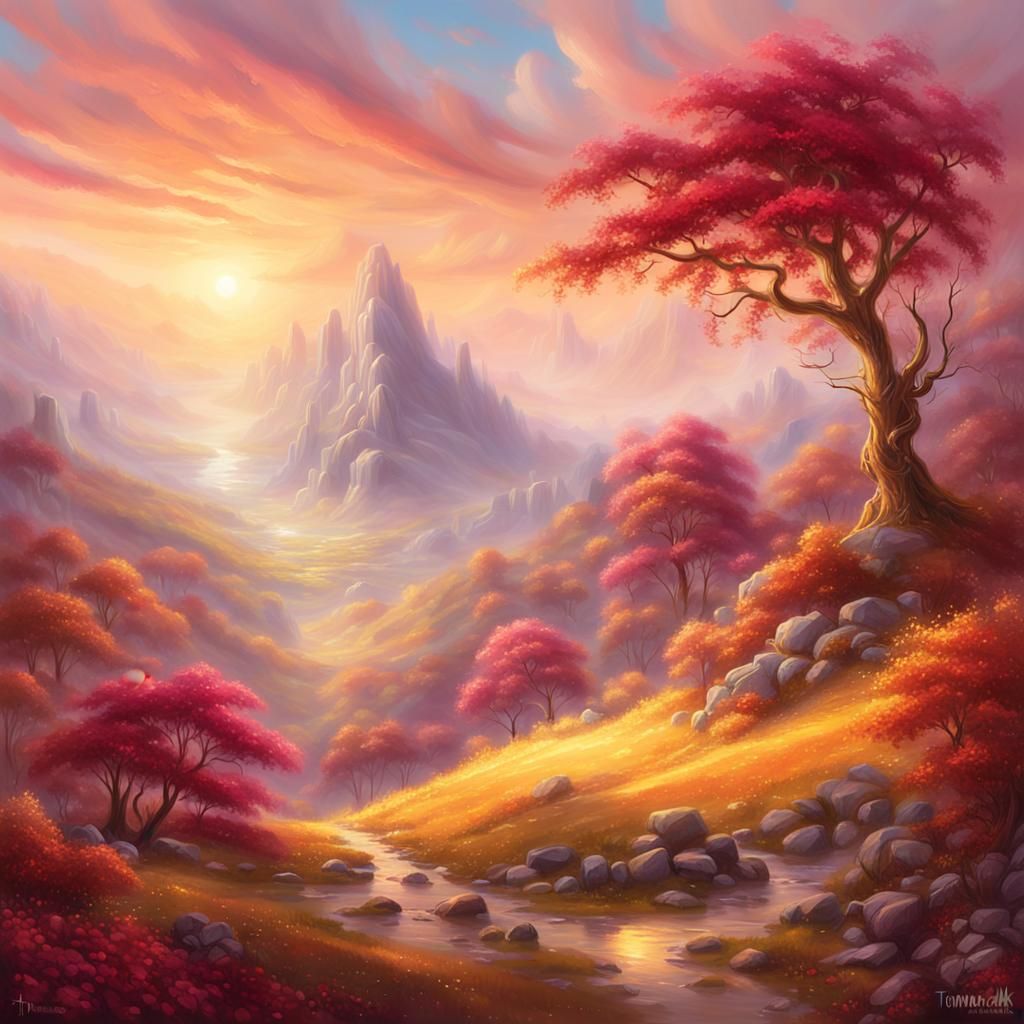Serene Ruby Hues Dance Across a Gem-Studded Fantasy Landscap...