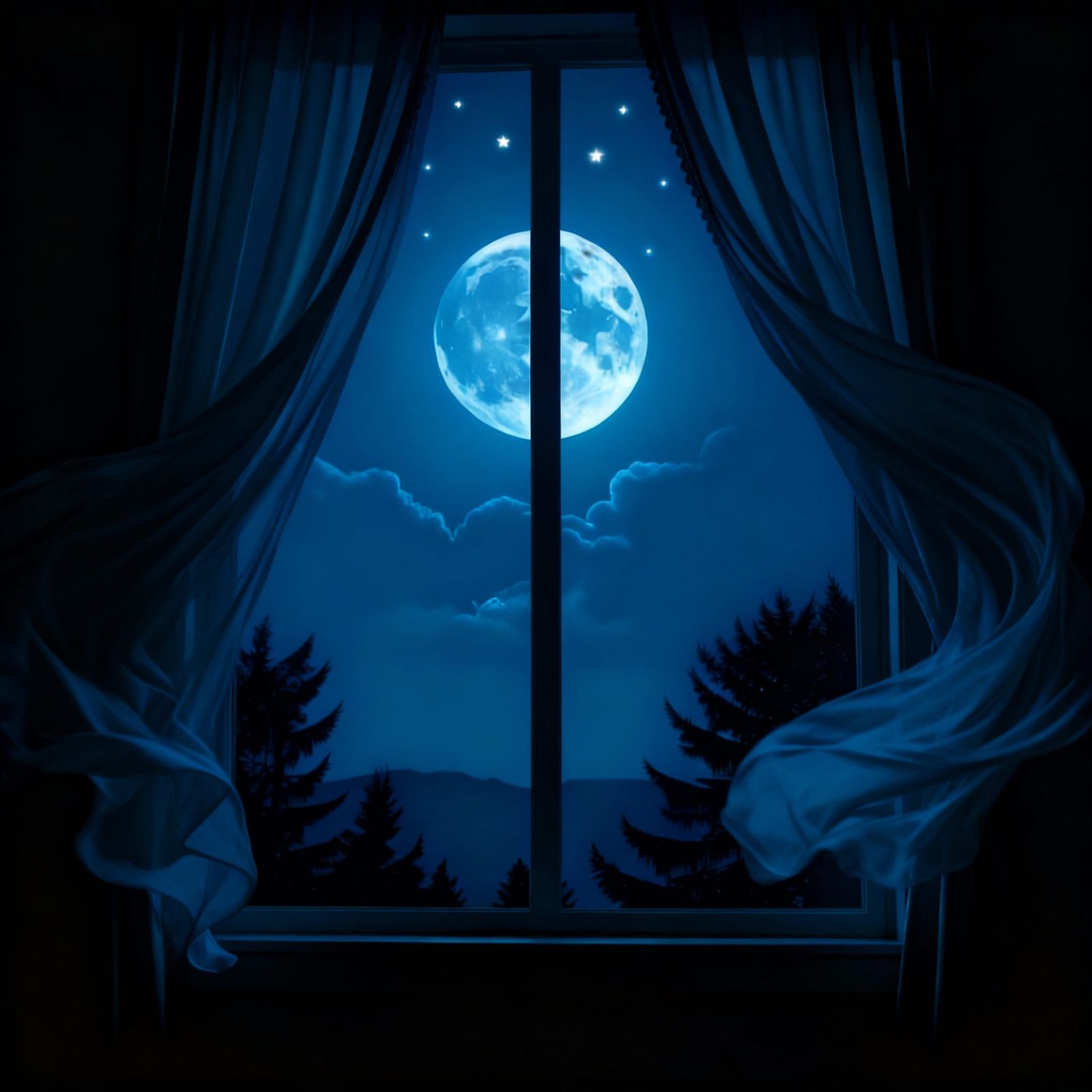 Dramatic Night Window View with Storm and Full Moon