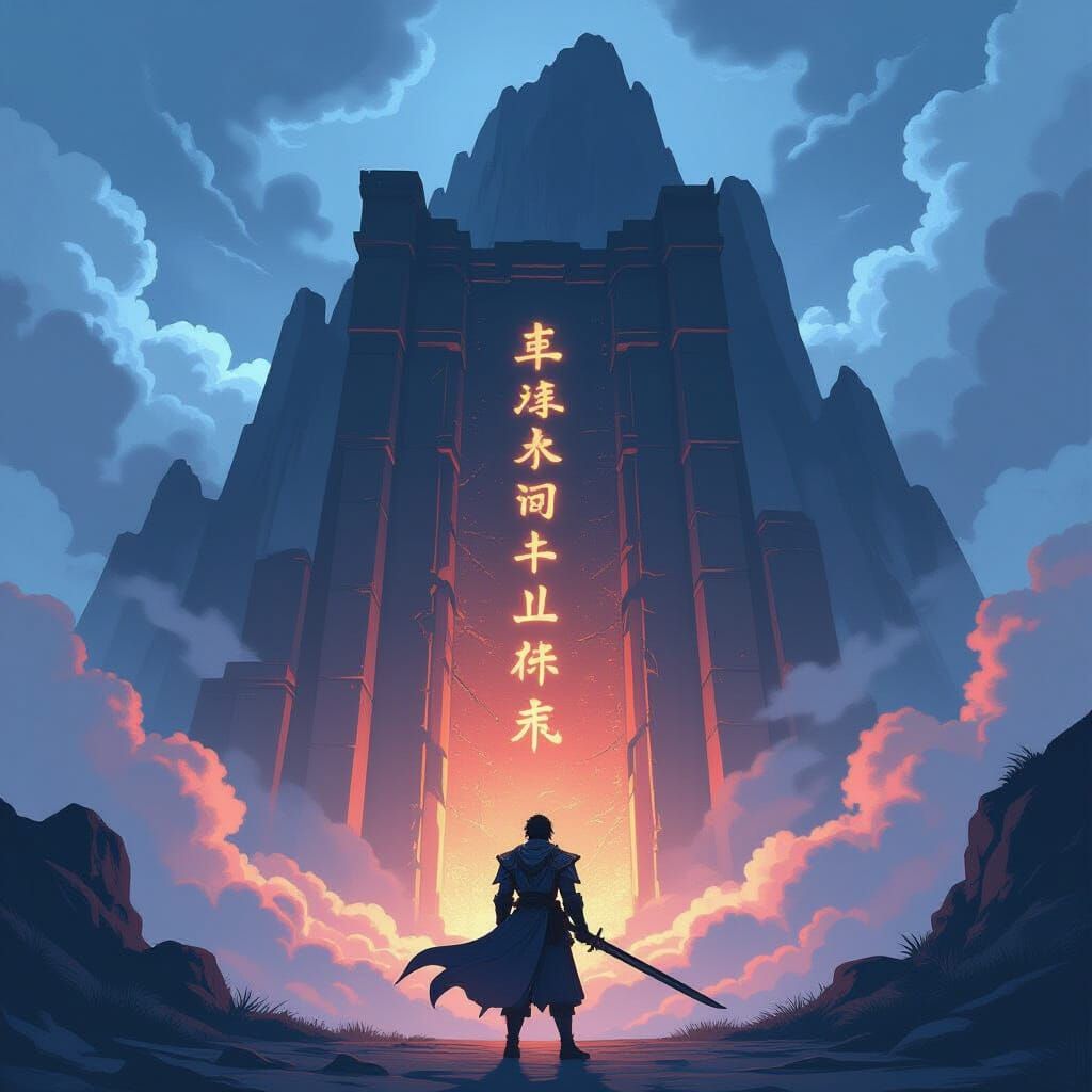 Anime Swordsman Before Ancient Rune Gate