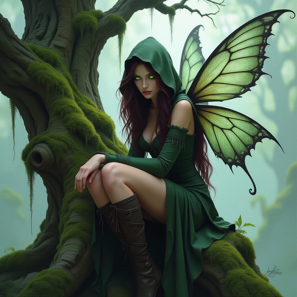 Mysterious Fairy on Ancient Tree Trunk, Painterly Fantasy Ar...