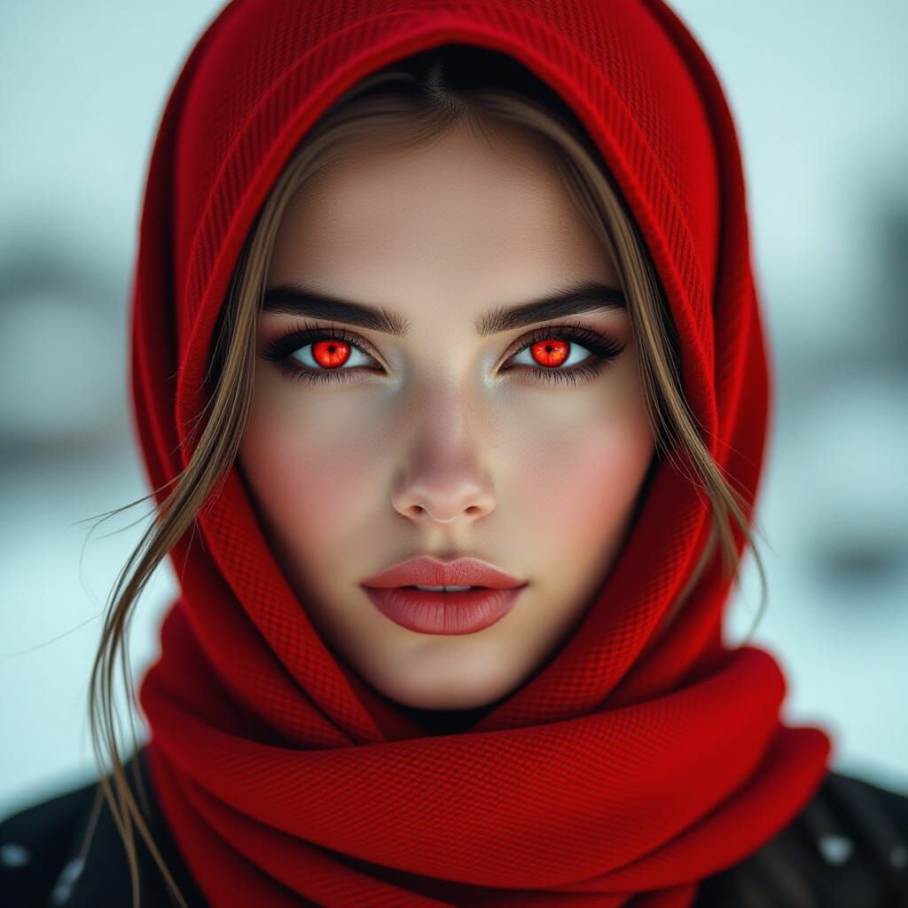 Striking Red-Eyed Woman in Dark Academia Style