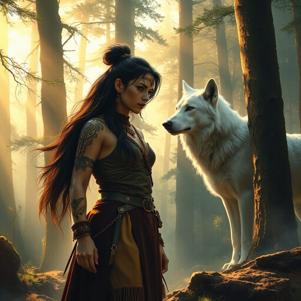 Fantasy Female Beast Master Communes with Majestic Silver Wo...