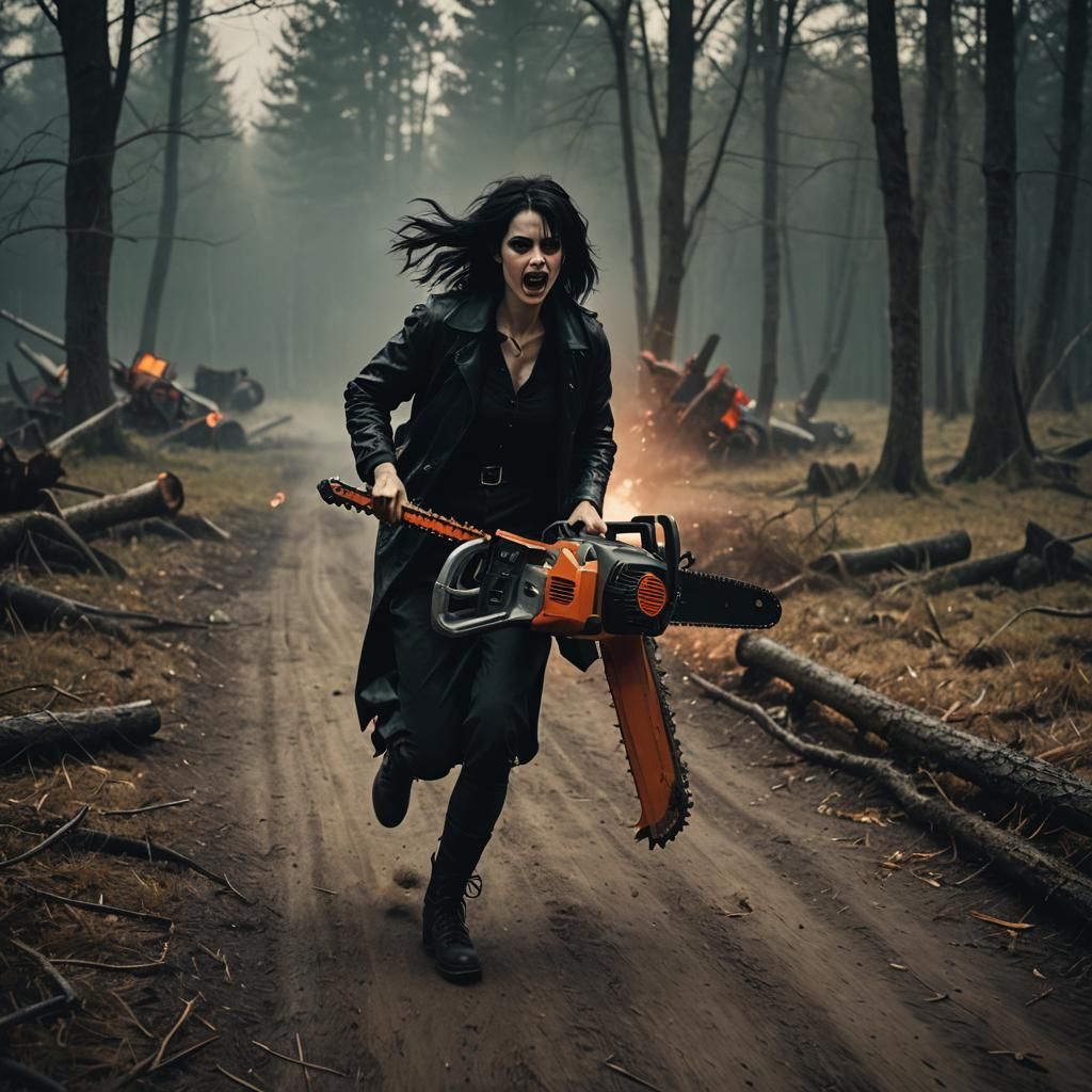Vampiric Emo Woman with Chainsaw: Cinematic Film Still