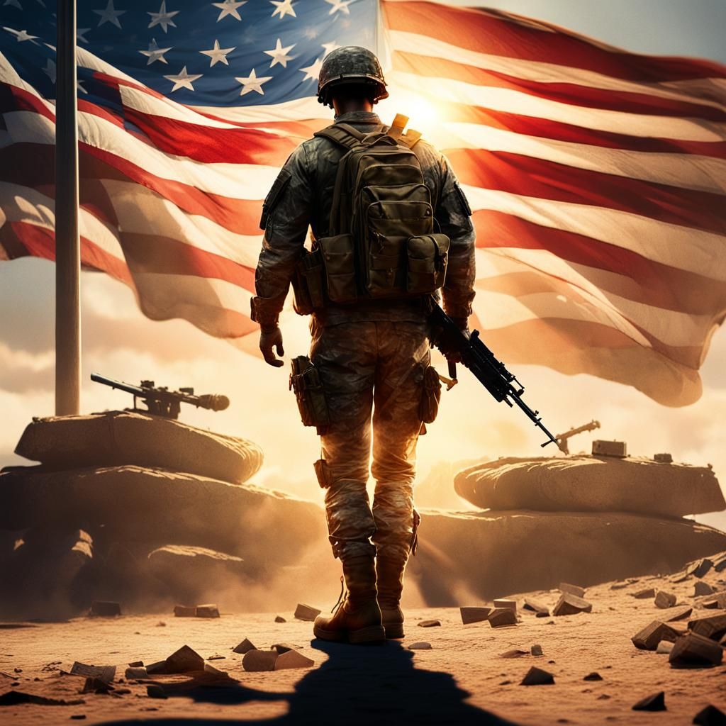 American Soldier Saluting Flag in Cinematic Oil Painting