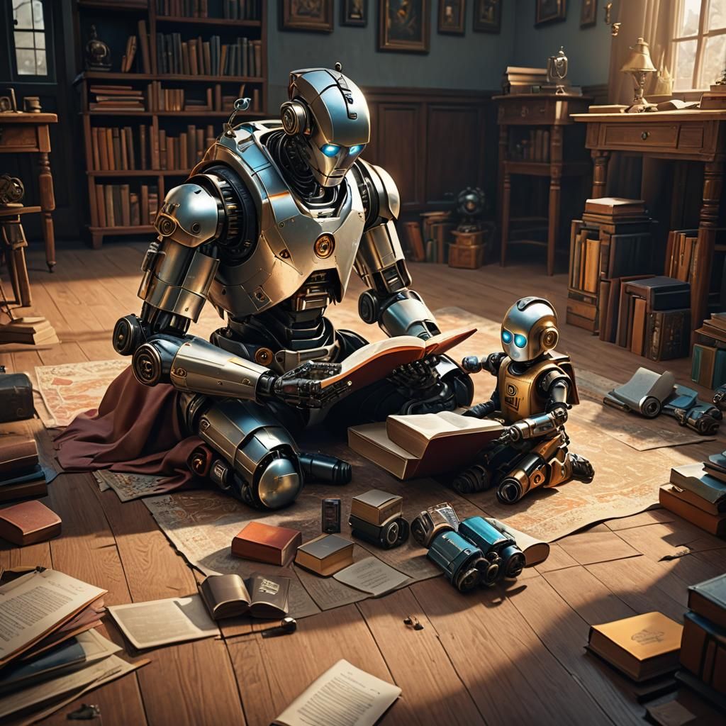 Robot Father Teaches Son to Read: Detailed Matte Painting