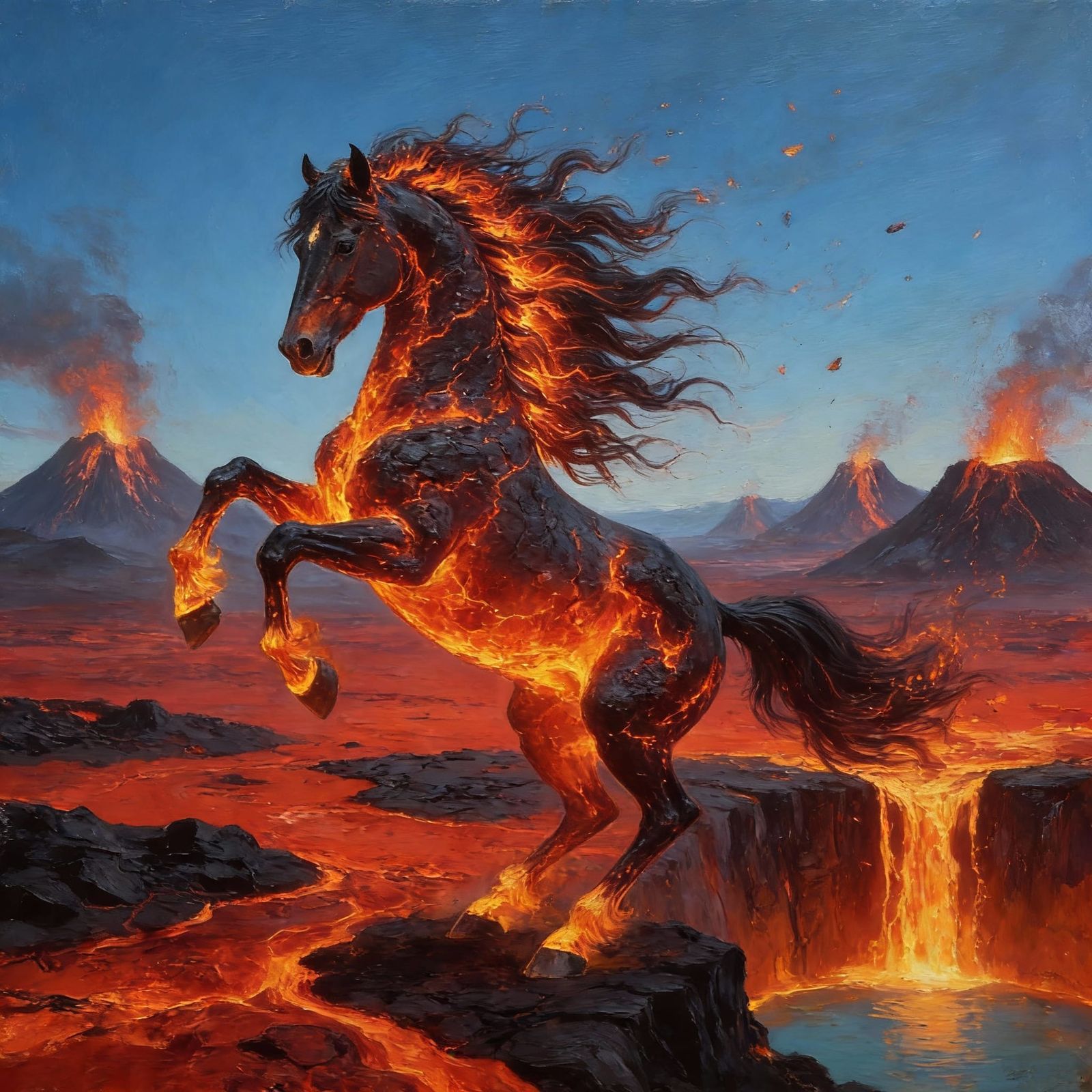 Fiery Lava Horse Galloping in Volcanic Landscape