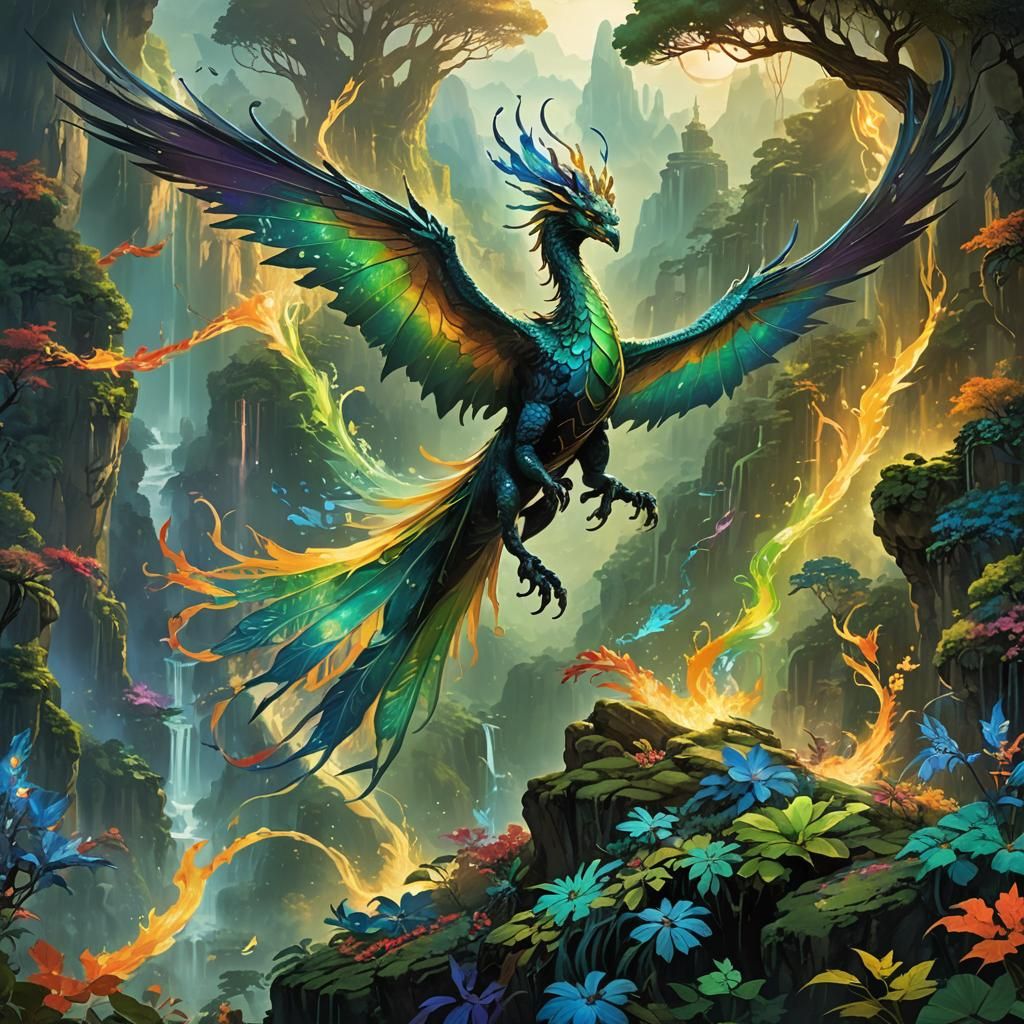 Dragon-Phoenix Hybrid Soaring Over Enchanted Valley