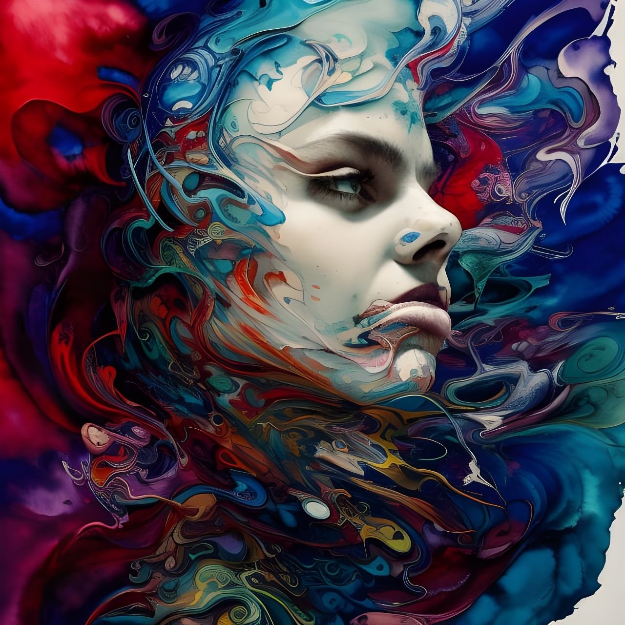 Exploding Mind Portrait in Detailed Gouache Style