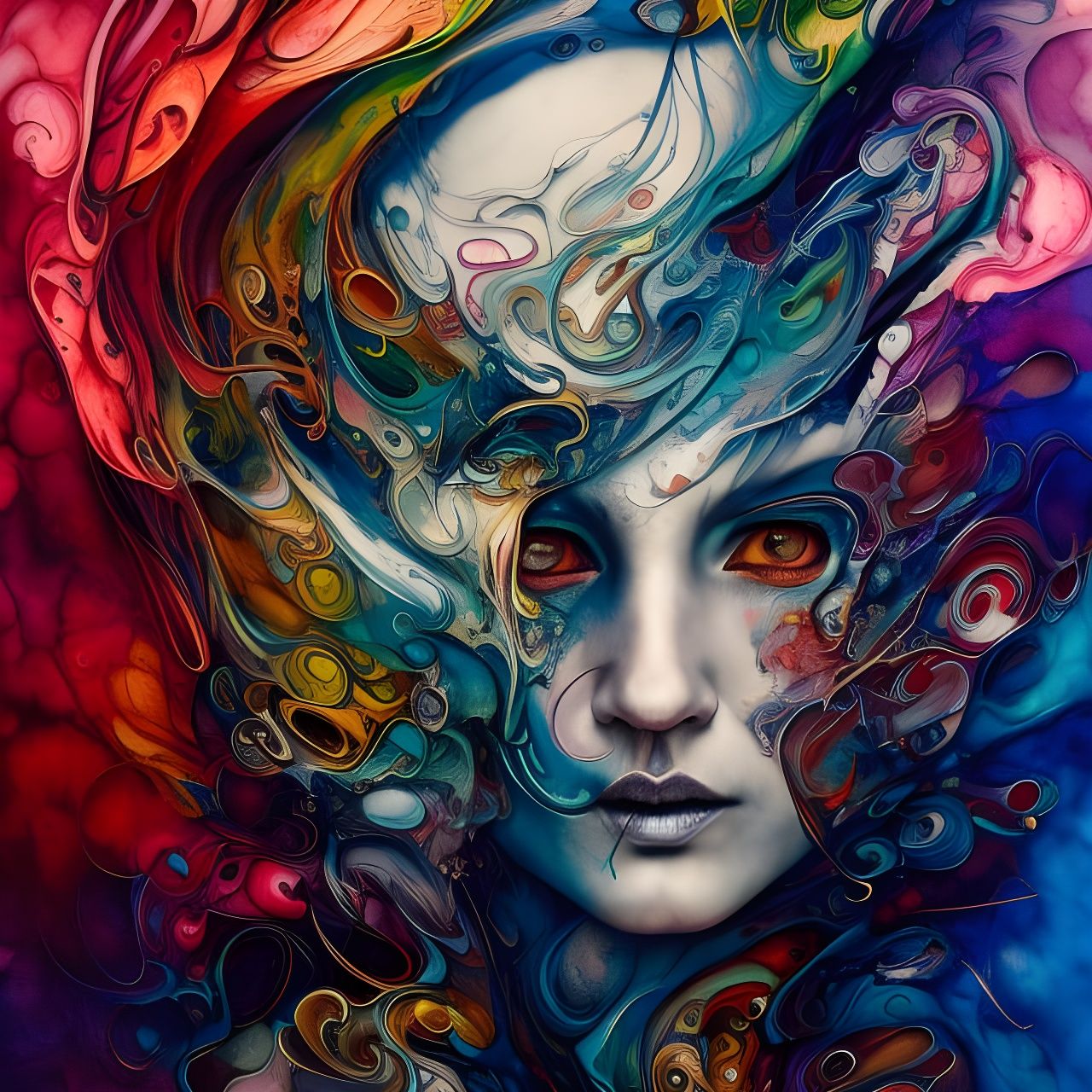 Mind Blown Portrait in Colorful Ink Flow