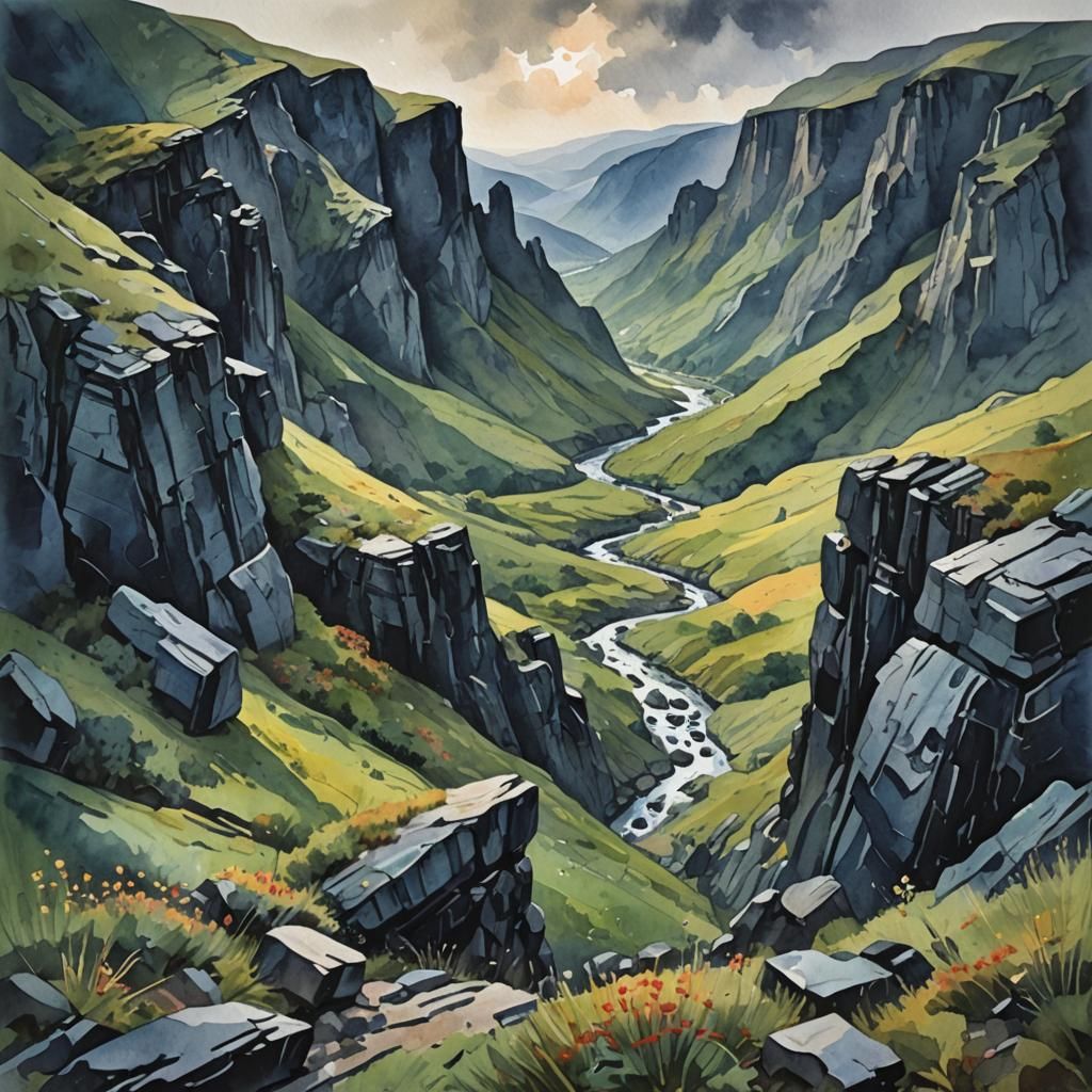 Dreary Craggy Valley in Gouache Watercolor Style
