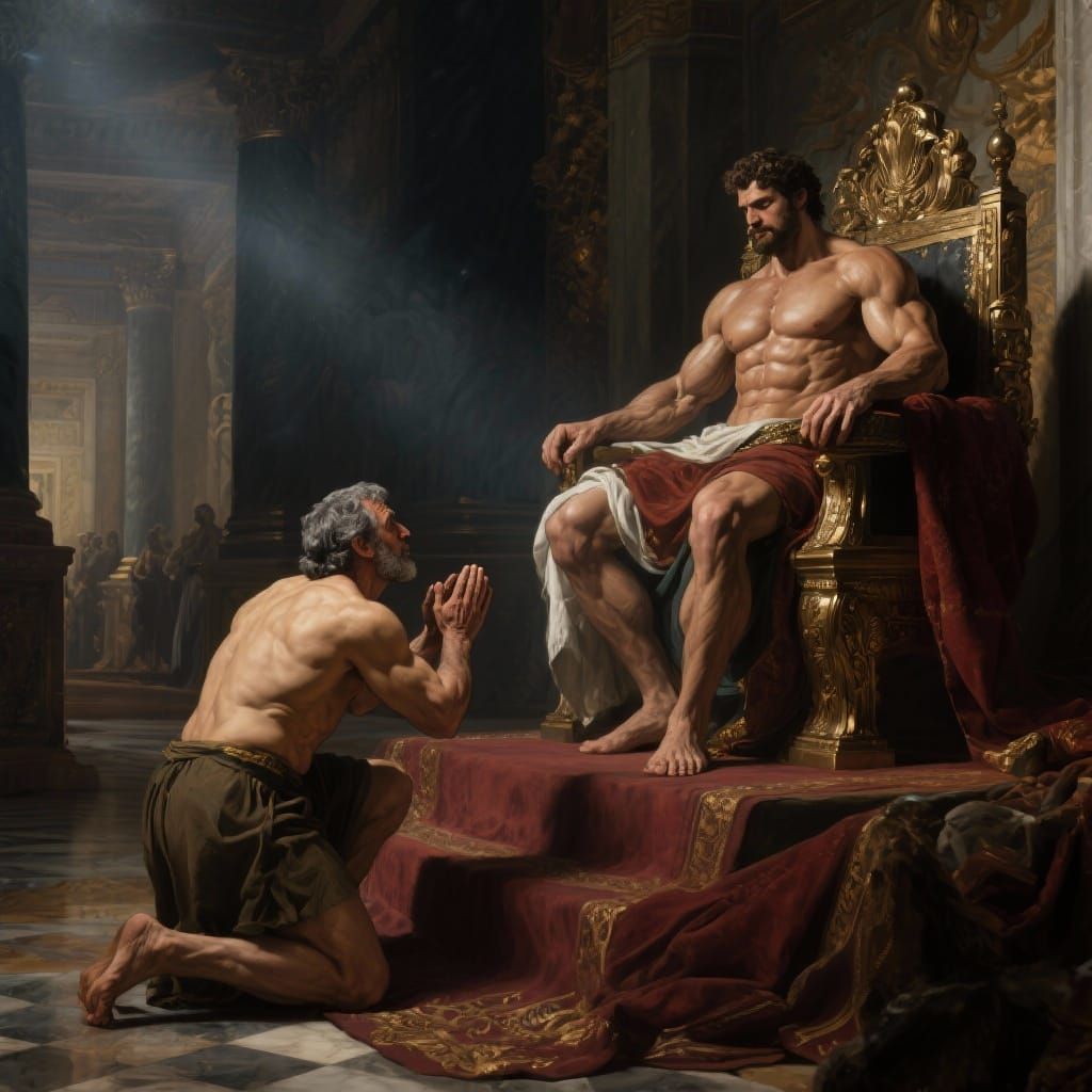 King Theseus Supplicates King Lycomedes in Ornate Palace
