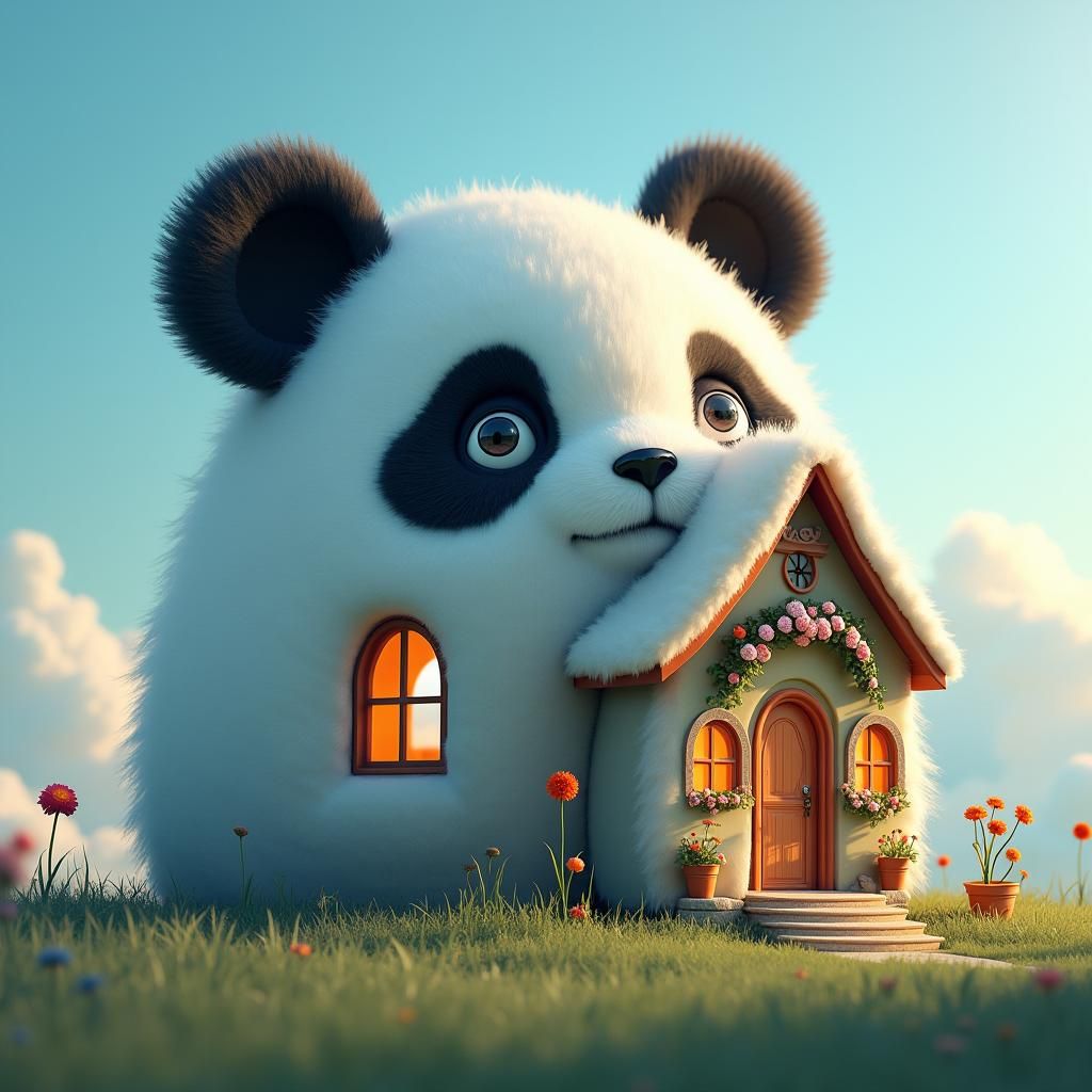 Panda Head House in Hyperrealistic Splash Art Style