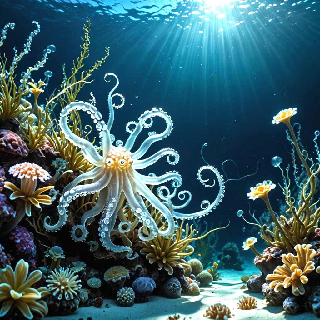 Bioluminescent Alien Aquatic Plants in Deep Ocean